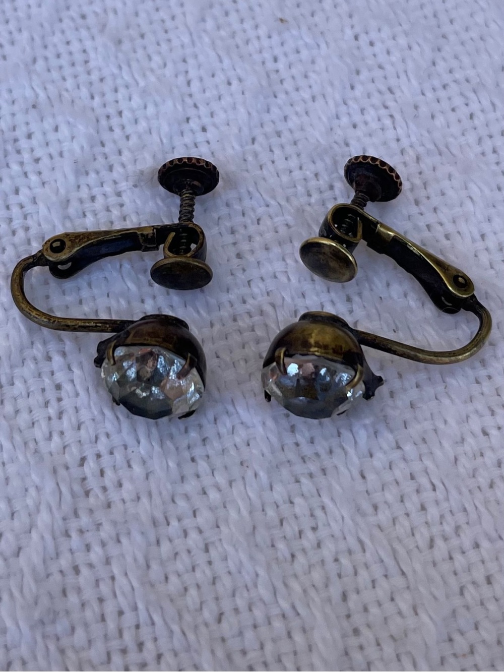 Vintage Antique Brass Crystal Screw Back Earrings Non Pierced